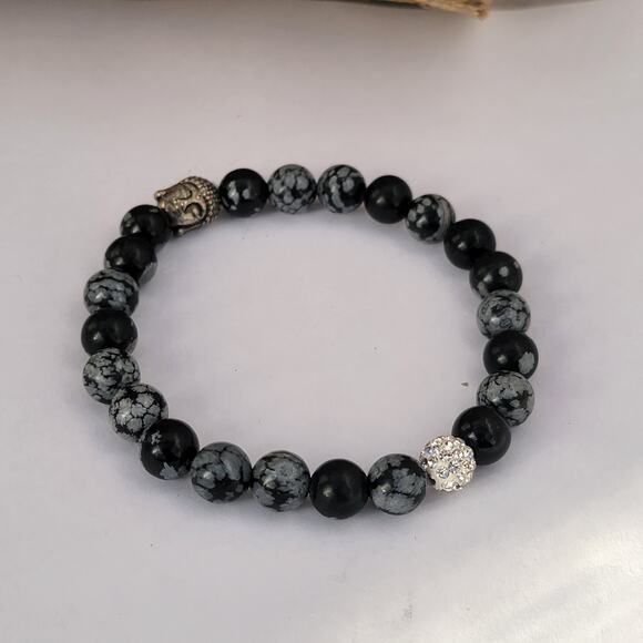 Vintage snowflake obsidian Buddha bracelet rhinestone accent stretch - Picture 1 of 10